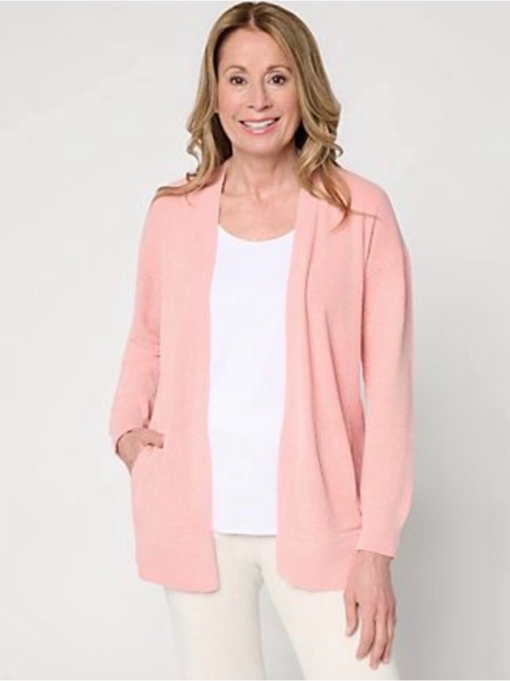 Barefoot Dreams Petite M CozyChic Ultra Lite Placed Stitch Cardigan Pink Quartz